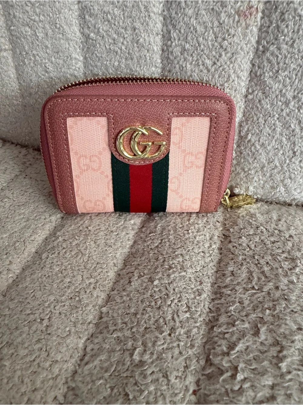 Gucci Pink GG Web Zip-Around Mini Wallet with Gold GG